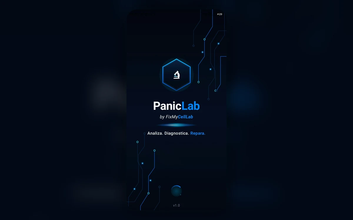 Pantalla de inicio de PanicLab v1.0 ejecutándose en un teléfono Android