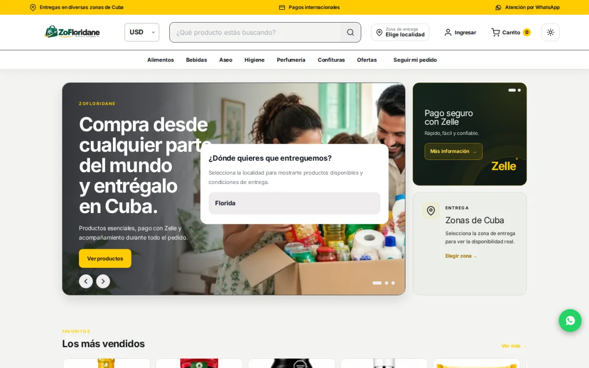 Página principal de ZoFloridane con experiencia de compra y selección de localidad